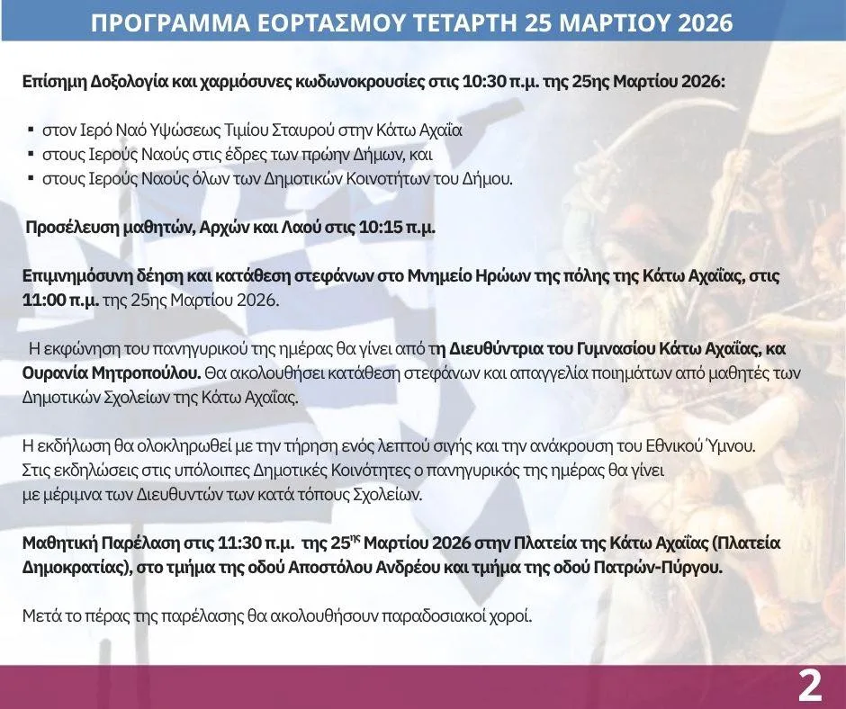 Πώς θα εορταστεί η 25η Μαρτίου στην Δυτική Αχαΐα: