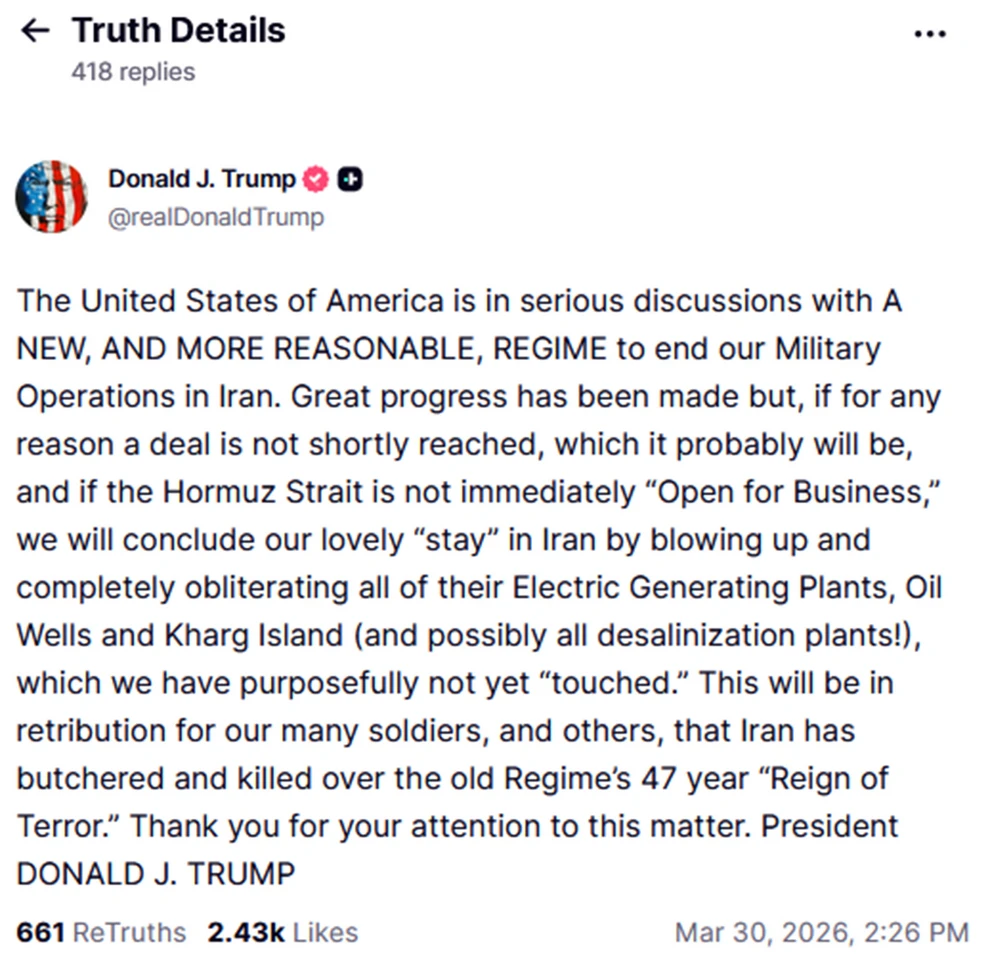 Νέες απειλές Τραμπ: «Αν δεν υπάρξει συμφωνία με το Ιράν, θα πλήξουμε σταθμούς ηλεκτροπαραγωγής, πετρελαϊκές εγκαταστάσεις και το νησί Χαργκ»