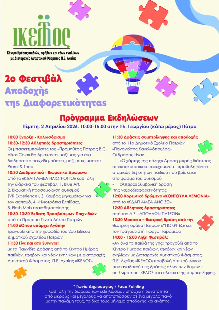 Το 2ο Φεστιβάλ αποδοχής της Διαφορετικότητας για τον αυτισμό με την στήριξη του Patrapress.gr