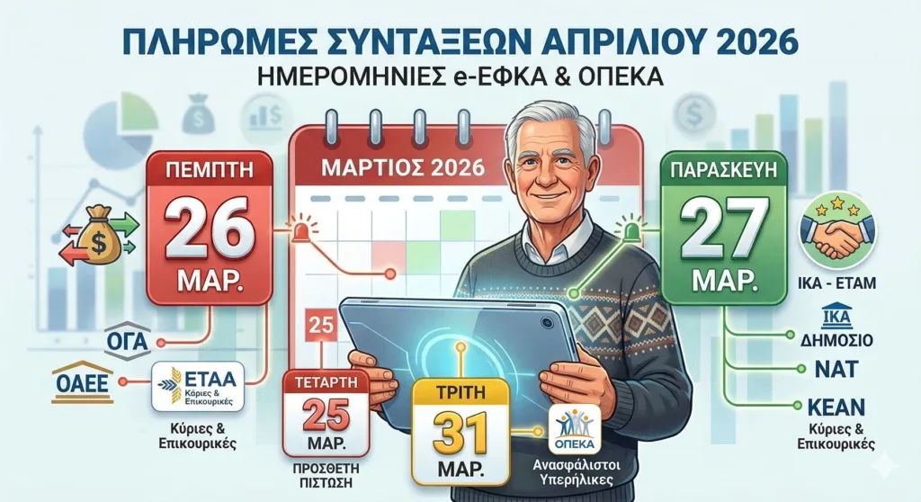 Συντάξεις Απριλίου 2026: Πότε μπαίνουν τα χρήματα στα ΑΤΜ – Οι τελικές ημερομηνίες για όλα τα Ταμεία 29 Επεξηγηματικό γράφημα για τις πληρωμές συντάξεων Απριλίου 2026 στην Ελλάδα. Παρουσιάζει έναν ηλικιωμένο άνδρα που κρατάει τάμπλετ, με φόντο ημερολόγιο του Μαρτίου 2026. Δεξιά και αριστερά υπάρχουν έγχρωμα πλαίσια με τις ημερομηνίες πληρωμής: Πέμπτη 26 Μαρτίου (για ΟΓΑ, ΟΑΕΕ, ΕΤΑΑ), Παρασκευή 27 Μαρτίου (για ΙΚΑ-ΕΤΑΜ, ΔΗΜΟΣΙΟ, ΝΑΤ, ΚΕΑΝ), και Τρίτη 31 Μαρτίου (για ΟΠΕΚΑ και Ανασφάλιστους Υπερήλικες). Επίσης, σημειώνεται η Τετάρτη 25 Μαρτίου ως ημέρα πρόσθετης πίστωσης