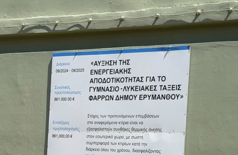 Ερύμανθος: Ενεργειακή αναβάθμιση στο σχολείο Φαρρών ΦΩΤΟ