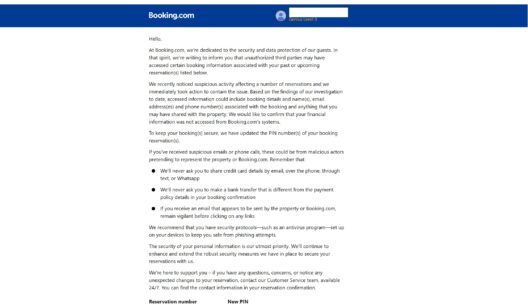 Επίσημο email Booking.com για διαρροή δεδομένων
