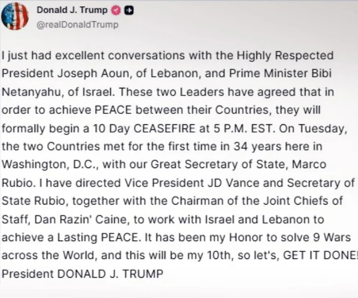 Μέση Ανατολή: Εκεχειρία στον Λίβανο ανακοίνωσε ο Τραμπ 25 Μέση Ανατολή: Εκεχειρία στον Λίβανο ανακοίνωσε ο Τραμπ