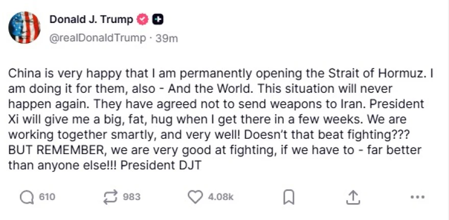 Τραμπ: Νέα ανακοίνωση για τα Στενά του Ορμούζ με αναφορές και στην Κίνα