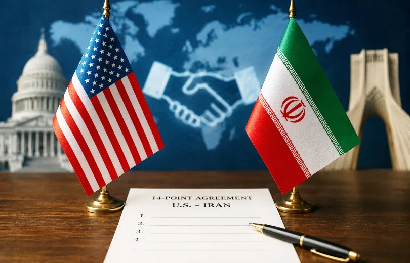 Σημαίες ΗΠΑ και Ιράν, έγγραφο συμφωνίας 'U.S. - IRAN' και στυλό.