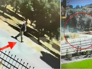 Διαιρεμένη οθόνη με υλικό επιτήρησης: άτομο περπατά, κόκκινο βέλος…