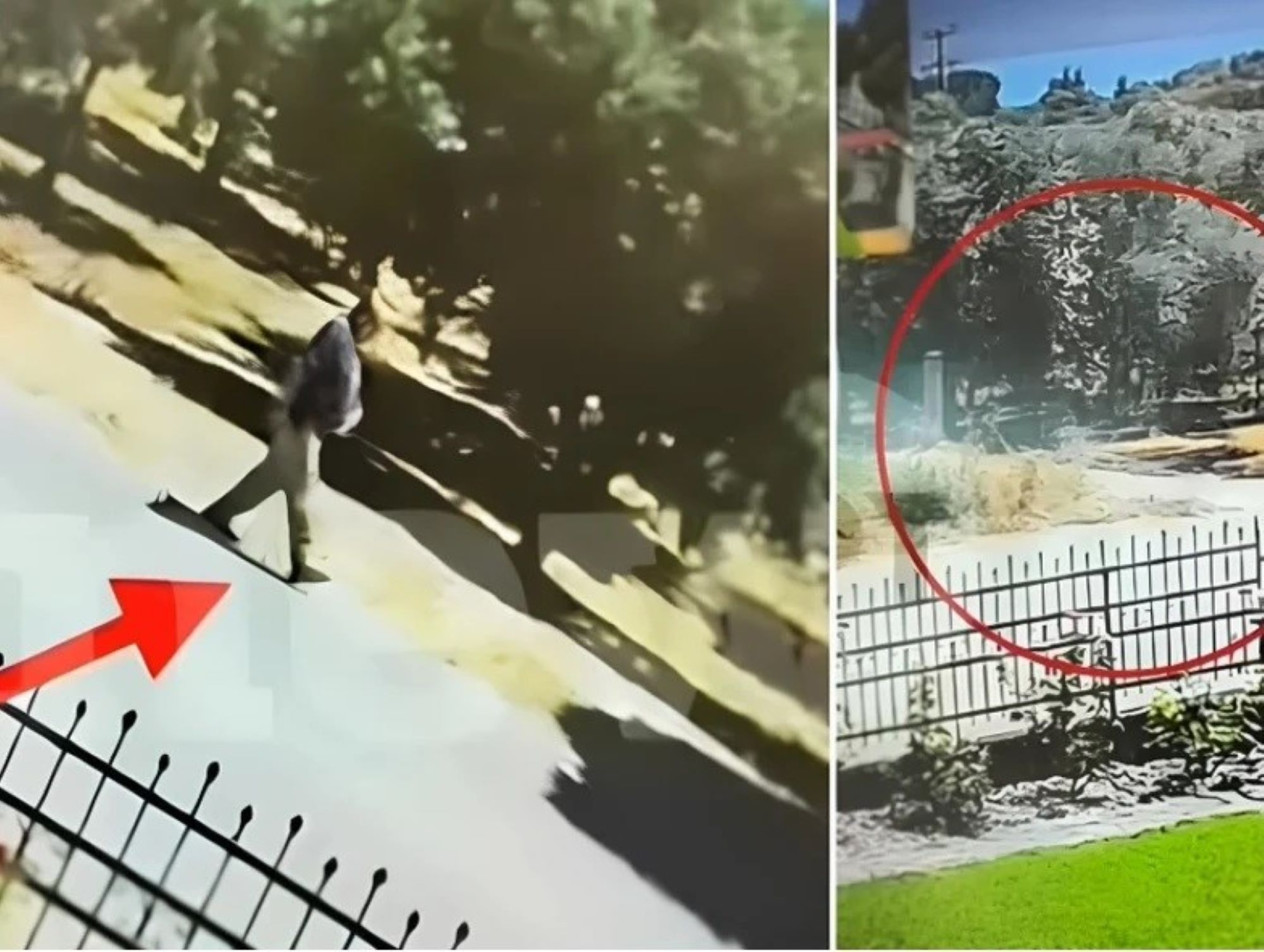Διαιρεμένη οθόνη με υλικό επιτήρησης: άτομο περπατά, κόκκινο βέλος…