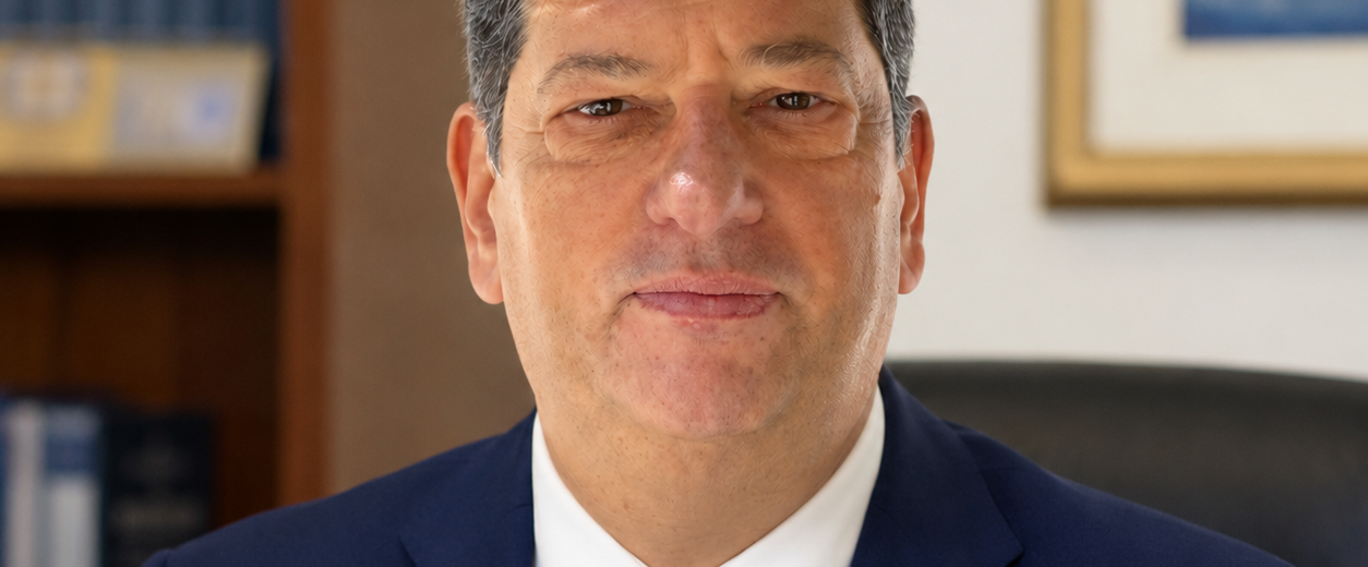Άνδρας με μπλε κοστούμι και γραβάτα ποζάρει σε γραφείο.