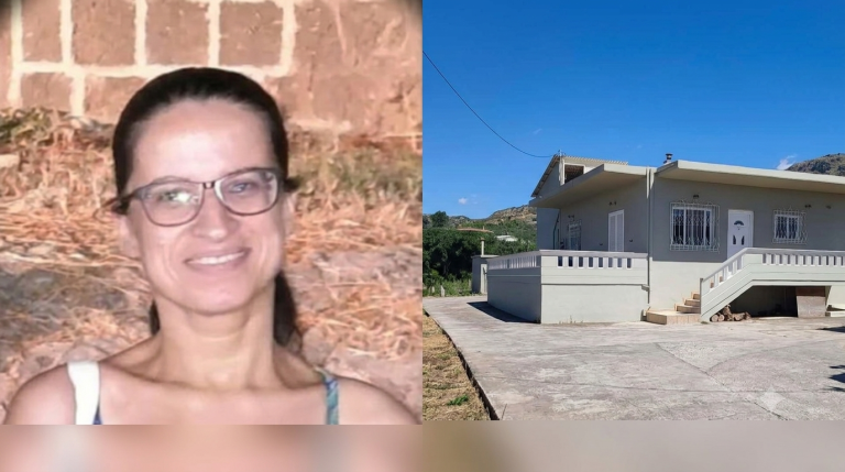 Πορτρέτο γυναίκας με γυαλιά και γκρι σπίτι με μπαλκόνι, σχετικά με …