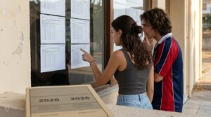 Μαθητές εξετάζουν με αγωνία τα αποτελέσματα των Βάσεων 2026 σε σχολι…