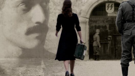 Κινηματογραφική βραδιά με προβολή του έργου του Παντελή Βούλγαρη «Το τελευταίο σημείωμα» 36 Γυναίκα με βαλίτσα περπατά προς πύλη με σύμβολο SS, με φάντασμα άνδρ…