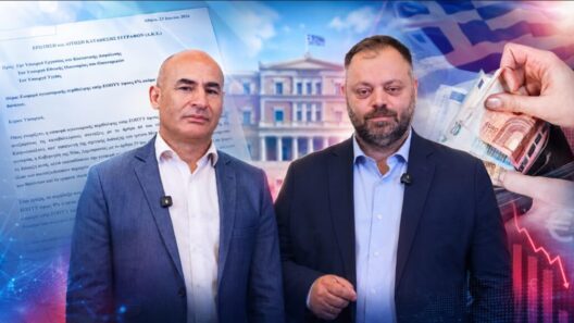 «Το κυβερνητικό χαράτσι του 6% σε χήρες και ορφανά» 36 Δύο άνδρες με κοστούμια, με φόντο έγγραφο για εισφορά 6% στον ΕΟΠΥΥ, …