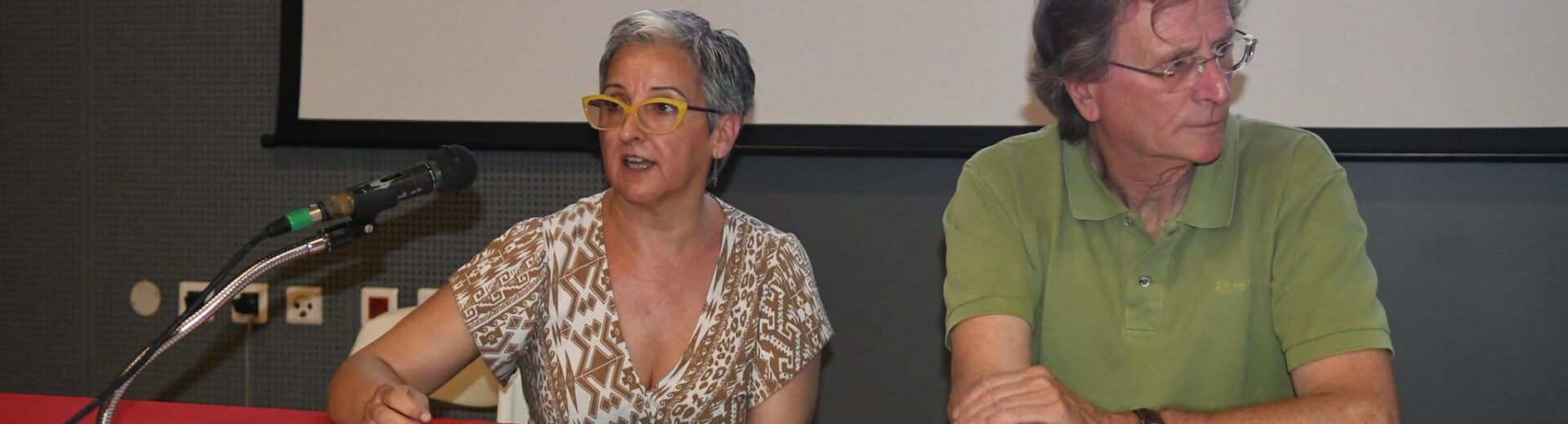Μια γυναίκα μιλάει σε μικρόφωνο δίπλα σε έναν άνδρα, σε εκδήλωση πα…