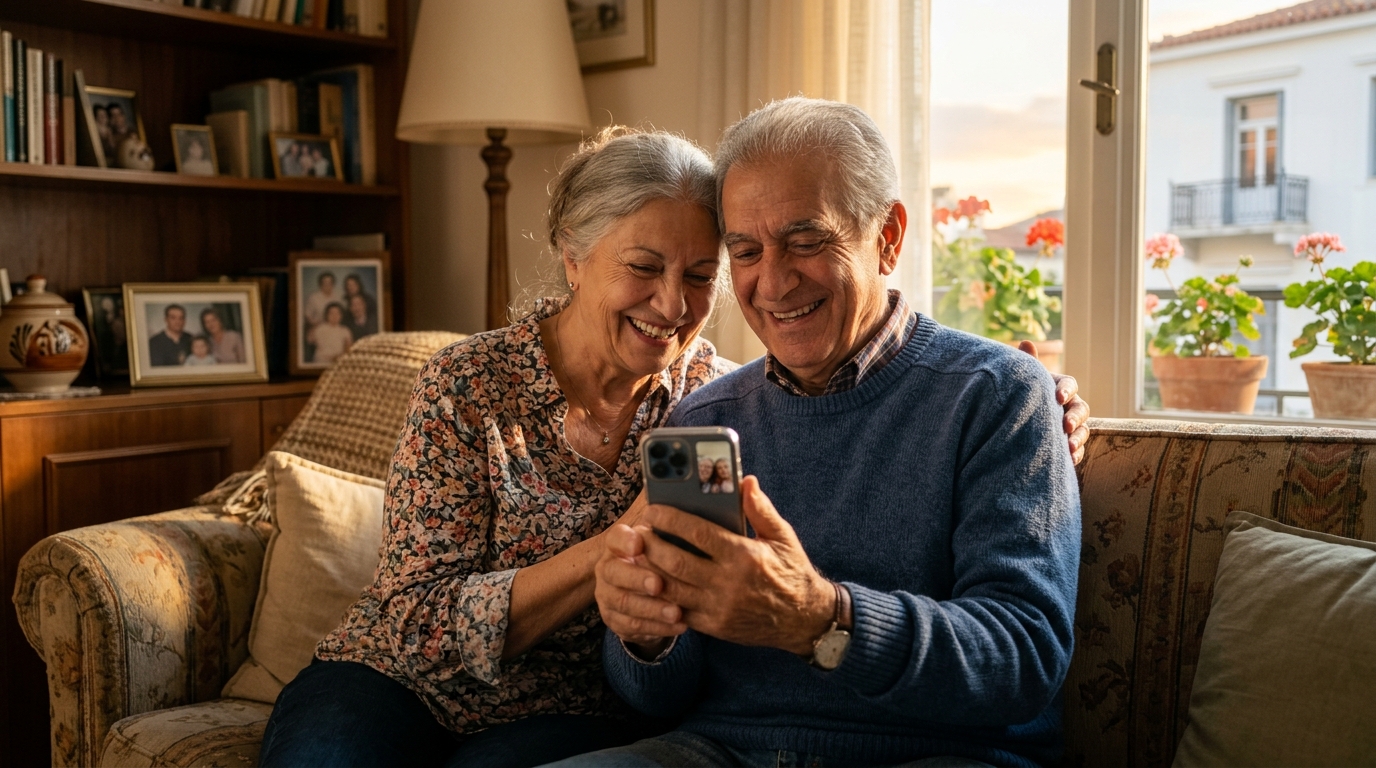 Ηλικιωμένο ζευγάρι κρατάει smartphone