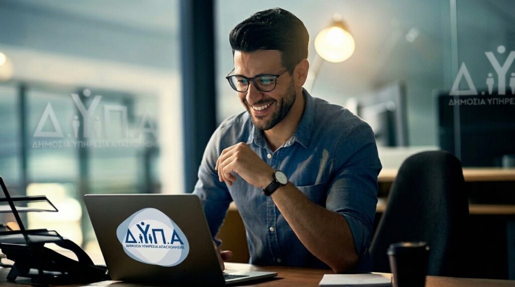 Άνδρας χαμογελάει κοιτάζοντας φορητό υπολογιστή με το λογότυπο τη…