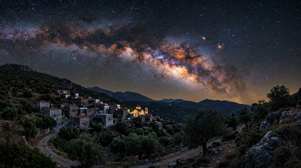 Γαλαξίας πάνω από ελληνικό χωριό
