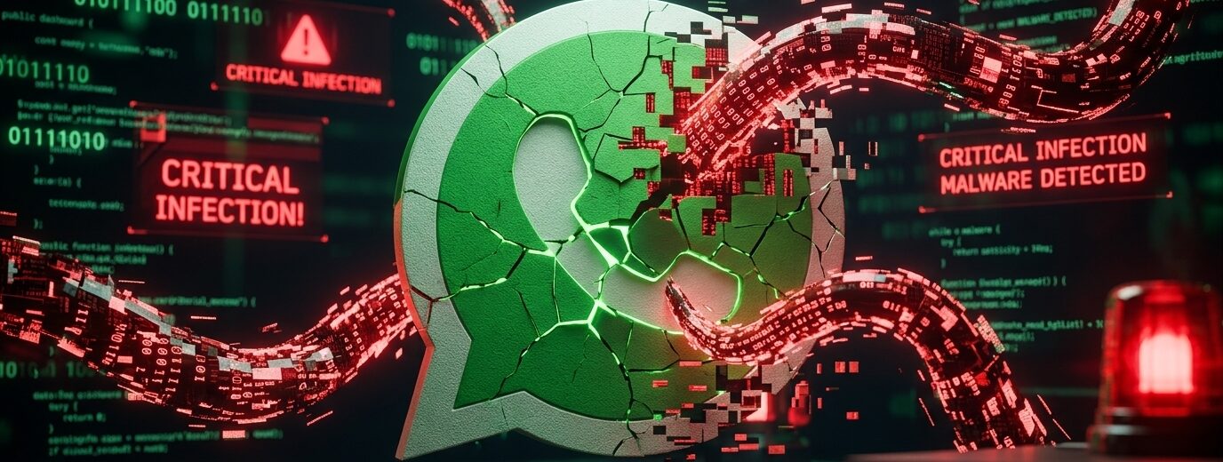 Το λογότυπο του WhatsApp σπάει, με κόκκινο ψηφιακό κώδικα και μηνύματα …