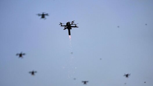 Ένα drone εκτοξεύει φλόγες και σπίθες στον ουρανό, με άλλα drones στο βάθ…