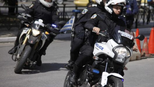 Δύο αστυνομικοί με κράνη οδηγούν μοτοσικλέτες της Ελληνικής Αστυν…