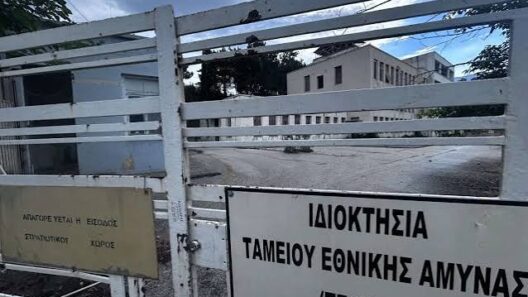 Είσοδος στρατιωτικού χώρου στην Πάτρα με λευκή πύλη και πινακίδες …