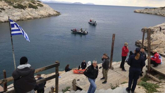 Άποψη βραχώδους κόλπου με ελληνική σημαία, σκάφη και ομάδες διάσωσ…