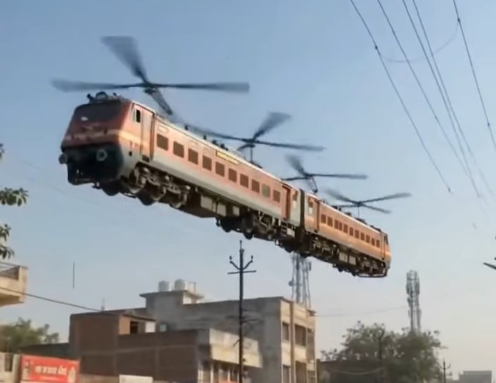 Ένα τρένο με έλικες ελικοπτέρου πετάει στον γαλανό ουρανό πάνω από…