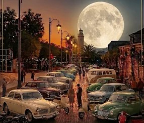 Ιστορικά οχήματα στην Τριών Ναυάρχων κάτω από την Πανσέληνο