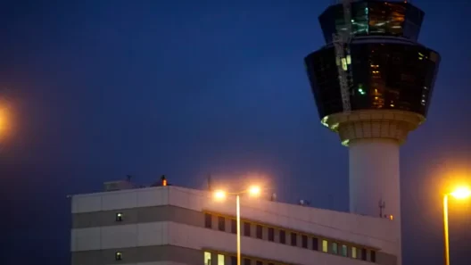 Πύργος ελέγχου αεροδρομίου και κτίριο τη νύχτα, φωτισμένα.