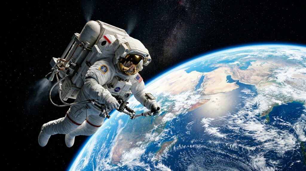 Αστροναύτης Bruce McCandless αιωρείται ελεύθερα στο διάστημα με τη Γη στο …