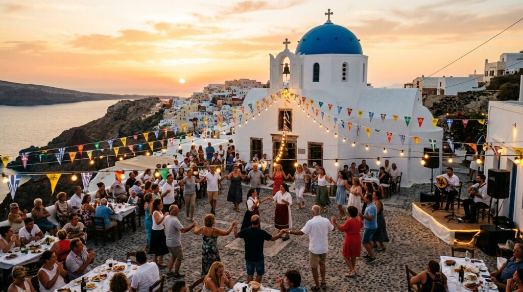 Πανηγύρι σε ελληνικό νησί με πλήθος να χορεύει, λευκή εκκλησία, σημ…