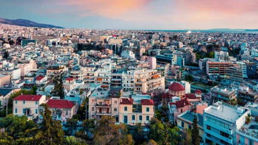 Πανοραμική θέα της Αθήνας με πλήθος κτιρίων, βουνά στο βάθος και ρο…