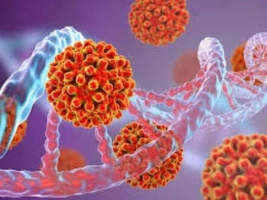 Κόκκινοι ιοί και μπλε-κόκκινες αλυσίδες DNA σε μικροσκοπικό περιβάλ…