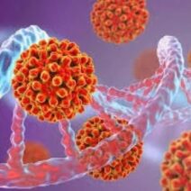 Κόκκινοι ιοί και μπλε-κόκκινες αλυσίδες DNA σε μικροσκοπικό περιβάλ…