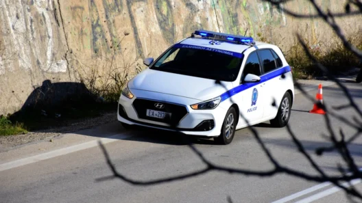 Περιπολικό της Ελληνικής Αστυνομίας με αναμμένους φάρους, σταματη…
