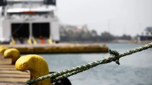 Πλοίο δεμένο στο λιμάνι της Πάτρας, με σχοινί πρόσδεσης σε κίτρινη …
