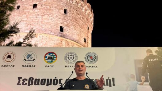 Αχαΐα: Δυναμική παρουσία των Πυροσβεστών στις πανελλαδικές κινητοποιήσεις της Θεσσαλονίκης ΦΩΤΟ 18 Άνδρας πυροσβέστης μιλάει σε βήμα με φόντο τον Λευκό Πύργο Θεσσαλο…