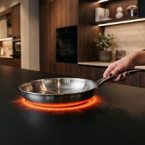 Χέρι τοποθετεί τηγάνι σε ενεργή επαγωγική εστία με πορτοκαλί φως σ…