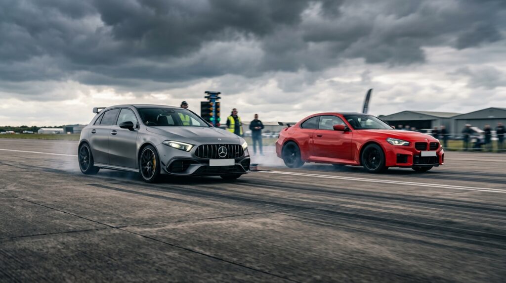 Γκρι Mercedes-AMG A45 και κόκκινη BMW M2 σε αγώνα drag, με καπνό από τα ελαστικά.
