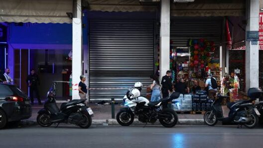 Αστυνομικοί και μοτοσικλέτες σε τόπο εγκλήματος με ταινία μπροστά…