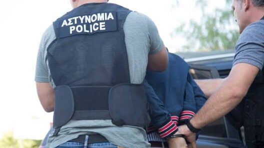 Αστυνομικοί συλλαμβάνουν άνδρα, με χειροπέδες και αστυνομικό γιλέ…