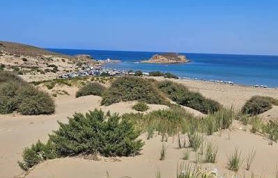Αμμώδης παραλία με θίνες, θάμνους, γαλάζια θάλασσα και οικισμό στο …
