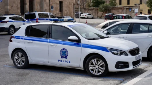 Ελληνικό περιπολικό της αστυνομίας, λευκό με μπλε ρίγες, παρκαρισμ…