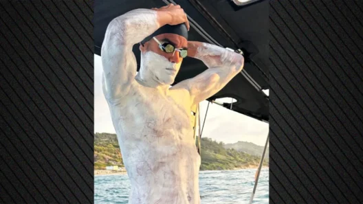 Ο Σπύρος Χρυσικόπουλος, καλυμμένος με λευκή κρέμα, με σκουφάκι και …