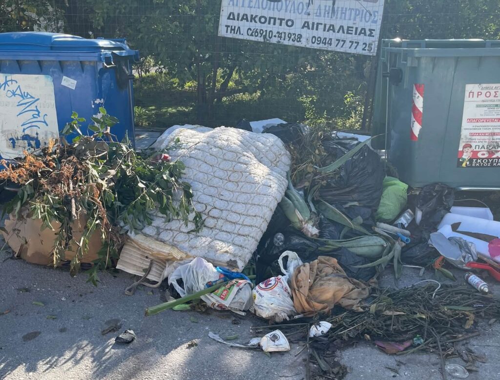 Κάδοι απορριμμάτων και οχήματα καθαρισμού σε αστικό τοπίο