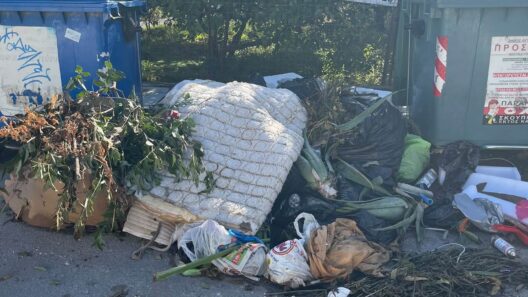 Κάδοι απορριμμάτων και οχήματα καθαρισμού σε αστικό τοπίο