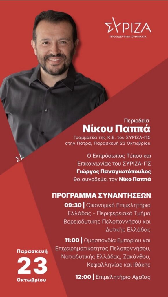 Πάτρα: Περιοδεία του ΣΥΡΙΖΑ-ΠΣ την Παρασκευή