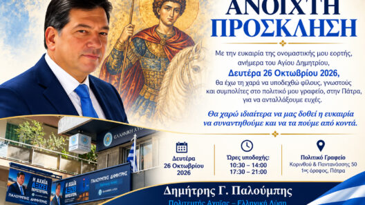 Πάτρα: Γιορτή για τον Δημήτρη Παλούμπη, με ανοιχτή πρόσκληση στο πολιτικό του γραφείο 13 Πάτρα: Γιορτή για τον Δημήτρη Παλούμπη, με ανοιχτή πρόσκληση στο πολιτικό του γραφείο